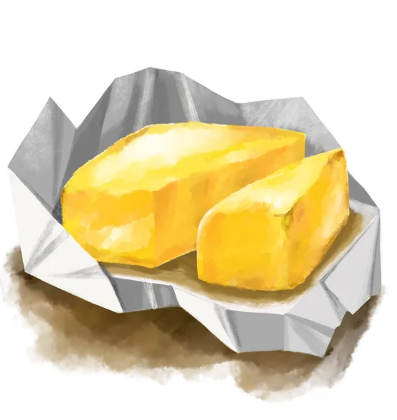 Butter Folie Gelb Milchig Aufstrich Milchprodukt Aquarell Gemälde Illustration Kunst — Stockfoto