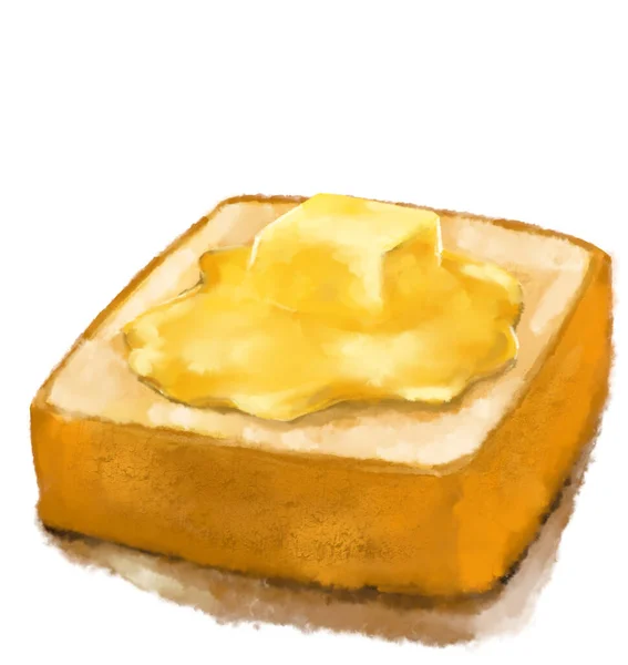 Toast Máslem Žluté Mléčné Pomazánky Mléčný Výrobek Akvarel Malba Ilustrace — Stock fotografie