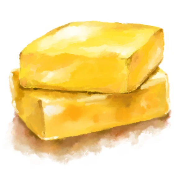 Masło Żółty Mleczny Rozłożone Nabiał Produkt Akwarela Malarstwo Ilustracja Sztuka — Zdjęcie stockowe