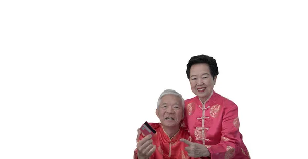 Asian Senior Couple Chinese New Year Spending Creidt Card Online — 스톡 사진