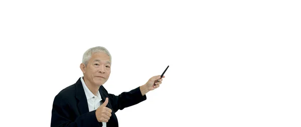 Allvarlig Asiatisk Senior Affärsman Verkställande Chef Undervisning Pekar Över Kopieringsutrymme — Stockfoto