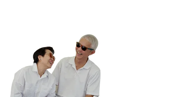 Asian Senior Elderly Couple Happy Smile Expression Sunglasses Isolated Copy — Stock Photo, Image