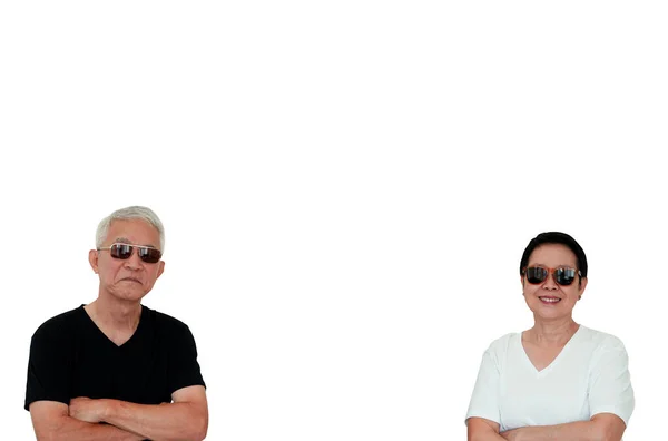 Asiatiska Äldre Par Glad Leende Uttryck Med Solglasögon Isolerad Kopia — Stockfoto