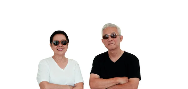 Aziatisch Senior Ouderen Paar Gelukkig Glimlach Expressie Met Zonnebril Geïsoleerde — Stockfoto
