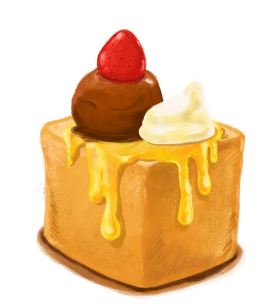 ハニートーストヘビーデザートパンバターチョコレートアイスクリームとストロベリークリーム水彩画イラストアート — ストック写真
