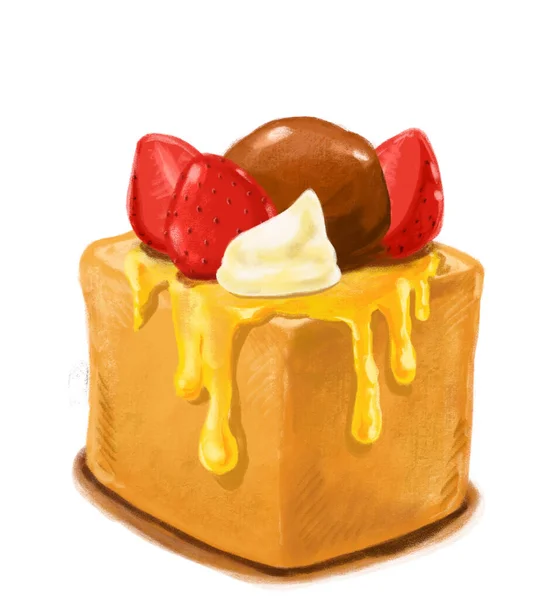 Honung Rostat Tunga Dessert Bröd Smör Glass Och Jordgubbar Akvarell — Stockfoto