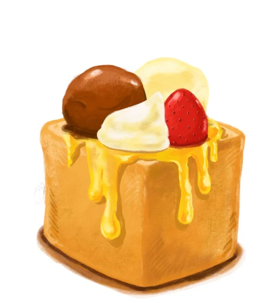 Méz Pirítós Nehéz Desszert Kenyér Vaj Dupla Fagylalt Gyümölcs Akvarell — Stock Fotó