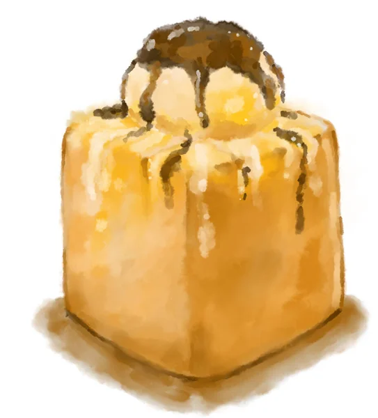 ハニートーストヘビーデザートパンバターバニラアイスシロップ水彩画イラストアート — ストック写真