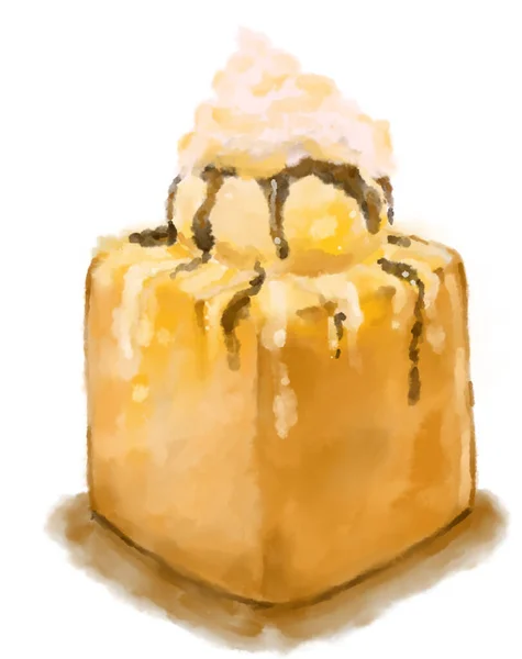 Méz Pirítós Nehéz Desszert Kenyér Vaj Vanília Fagylalt Szirup Akvarell — Stock Fotó