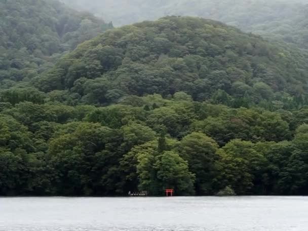Lake Ashi Cloudy Rainy Landscape Red Torii Gate View Hokone — Stock Video