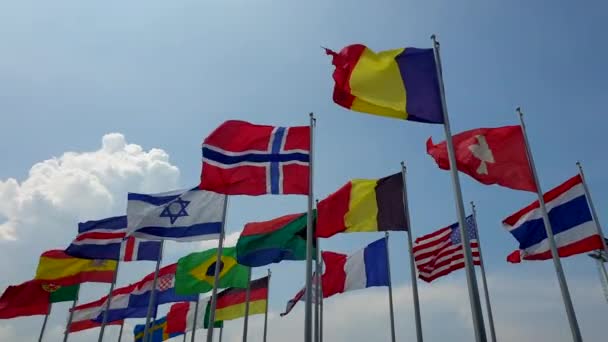 国际五彩缤纷的国旗摇曳在室外风中 世界合作的抽象慢动作 — 图库视频影像