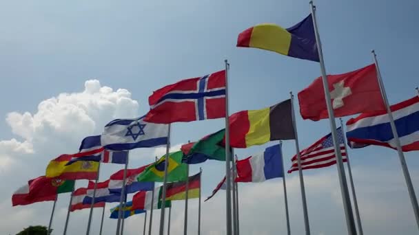 Drapeaux Nationaux Colorés Internationaux Balancent Dans Vent Extérieur Résumé Collaboration — Video