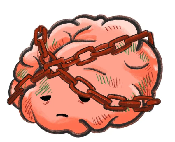 Blocco Catena Sul Cervello Cartone Animato Disegno Depressione Mentale Problema — Foto Stock