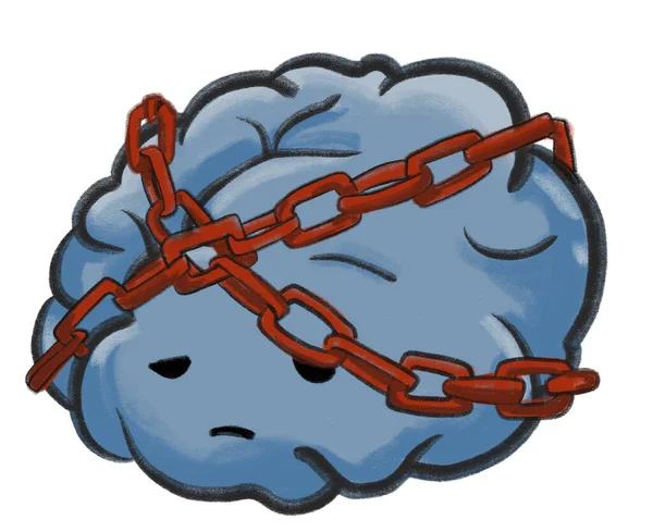 Blocco Catena Sul Cervello Cartone Animato Disegno Depressione Mentale Problema — Foto Stock