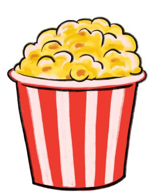 Beyaz ve kırmızı çantalı patlamış mısır film zamanı çizgi film çizim el çizimi.