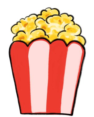 Beyaz ve kırmızı çantalı patlamış mısır film zamanı çizgi film çizim el çizimi.