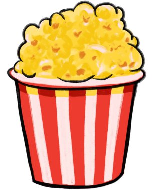 Beyaz ve kırmızı çantalı patlamış mısır film zamanı çizgi film çizim el çizimi.