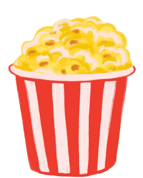 Popcorn Białym Czerwonym Worku Wiadro Film Czas Kreskówka Ilustracja Ręcznie — Zdjęcie stockowe