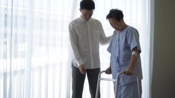 Adulto Asiatico Figlio Aiuto Madre Recupero Terapia Utilizzando Walker Esercitare — Video Stock