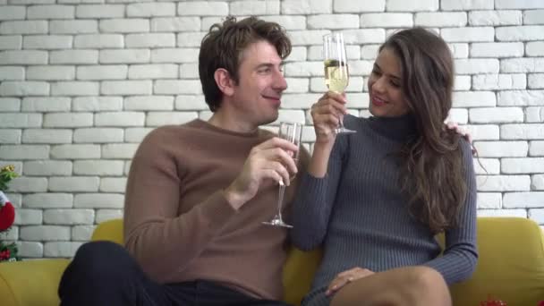 Caucasian Couple Drink Champagne Winter Christmas Kiss Cheek Happiness — ストック動画