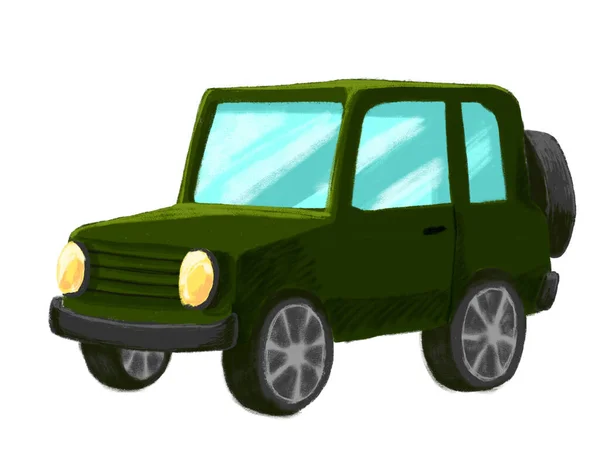 Advanture Samochód Zielony Jeep Road Styl Kreskówki Rysunek Ilustracja — Zdjęcie stockowe