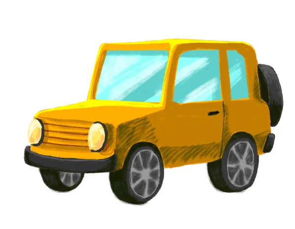 Advanture Car Yellow Jeep Road Style Cartoon Drawing Illustration — 图库照片