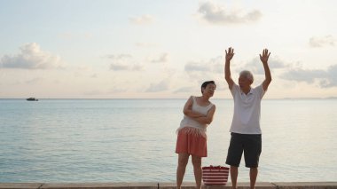 Asyalı yaşlı çift rahatlayın tropikal deniz kenarı tatil tatilinde iyi eğlenceler.