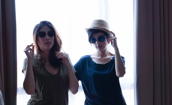 Two Asian Women Casual Summer Fashion Relax Fun Together Home — 스톡 사진