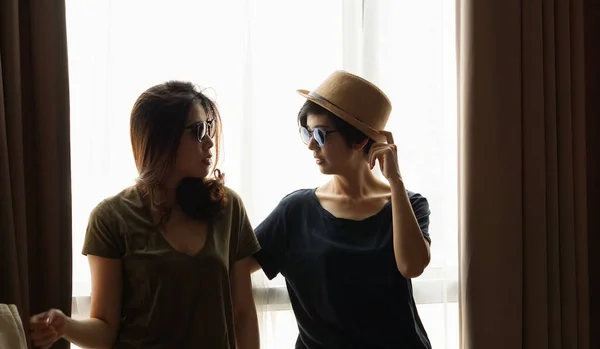 Two Asian Women Casual Summer Fashion Relax Fun Together Home — 图库照片