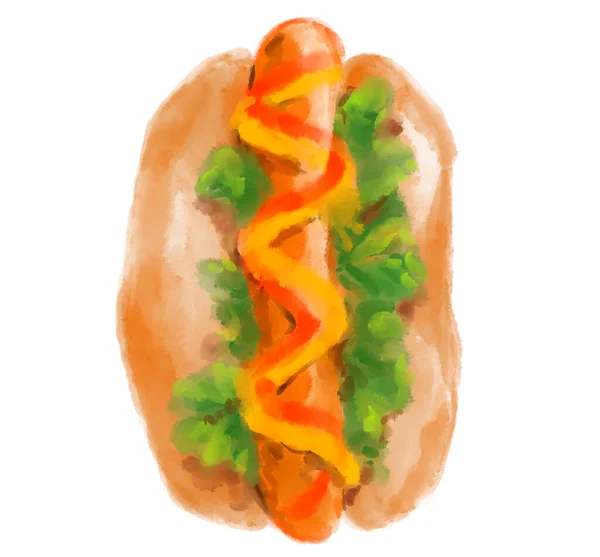 American Style Hot Dog Watercolor Painiting Illustration Food Art — Photo