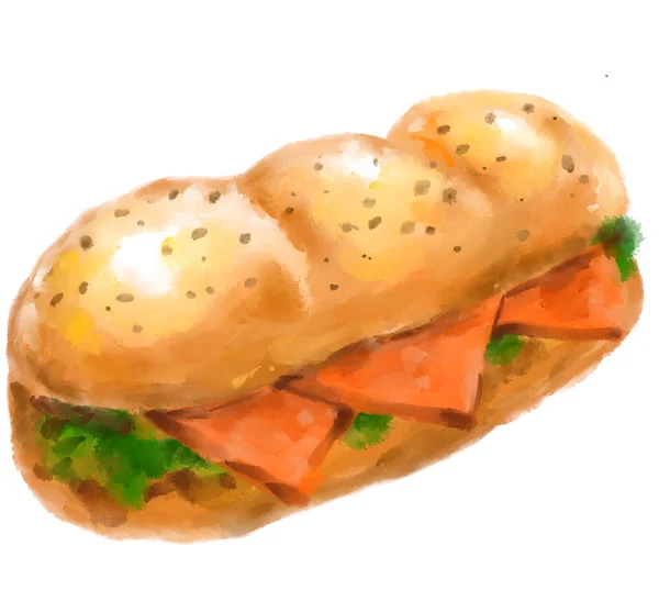 Fresh Sub Sandwich Watercolor Painting Illustration Bread Meat Vegetable Fast — 图库照片