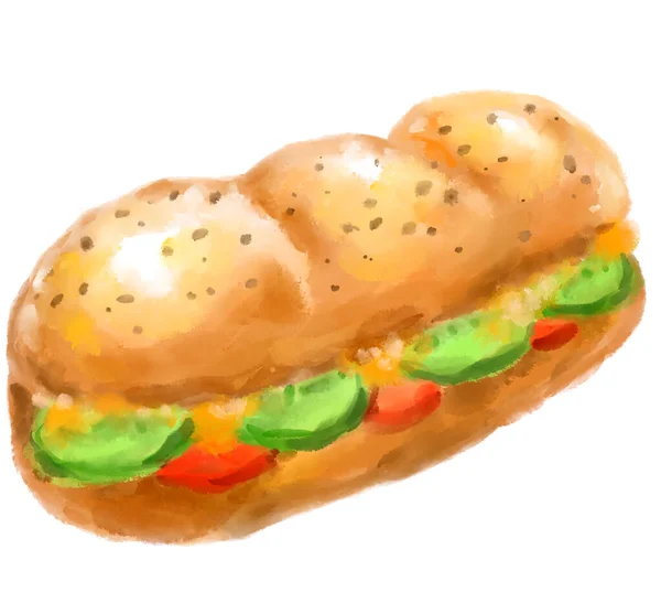 Fresh Sub Sandwich Watercolor Painting Illustration Bread Meat Vegetable Fast — Zdjęcie stockowe