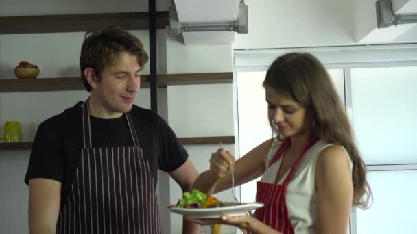 Caucasian Couple Cooking Together Happy Love Feeding Kitchen Fun Time — Vídeos de Stock