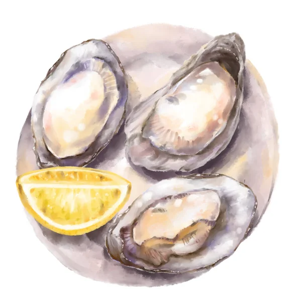 Fresh Raw Oyster Watercolor Painting Seafood Shellfish Artistic Illustration — Fotografia de Stock