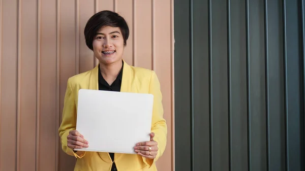 Asian Cool Business Woman Yellow Suit Holding Copy Space Sign — Stock Fotó