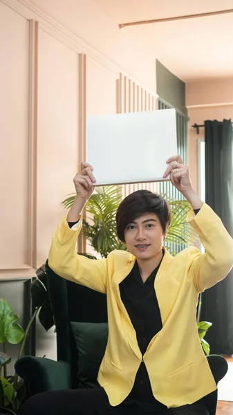 Asian Cool Business Woman Yellow Suit Holding Copy Space Sign — Foto Stock