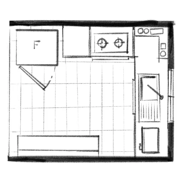 Kitchen Area House Furniture Plan Top View Hand Drawn Layout — 图库照片