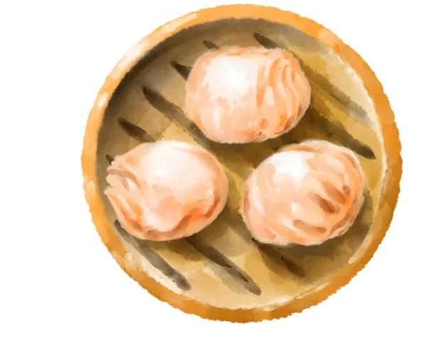 Chinese Food Hagoa Steamed Basket Dim Sum Yum Cha Watercolor — Stockfoto