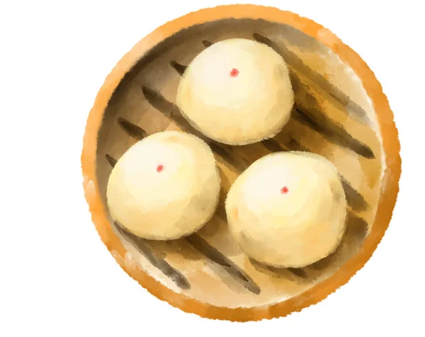 Chinese Food Baozi Basket Dim Sum Yum Cha Watercolor Painting — Stockfoto