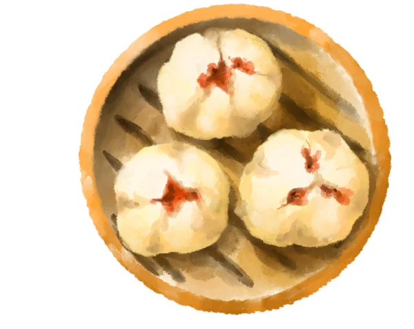 Chinese Food Baozi Basket Dim Sum Yum Cha Watercolor Painting — Stok fotoğraf