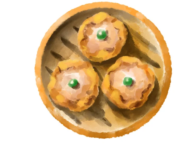 Shao Mai Dim Sum Dumplings Chinese Food Breakfast Watercolor Illustration — Photo