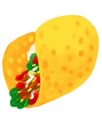 Hard shell taco in corn tortilla Mexican food illustration chalk doodle art