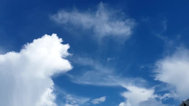Blue Summer Cloudy Sky Jet Contrail Vapor Trails Line Far — Stockvideo