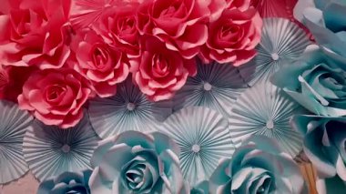 Paper flower folding flatlay on wall as wedding greeting event background floral backdrop