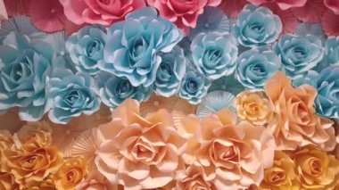 Paper flower folding flatlay on wall as wedding greeting event background floral backdrop