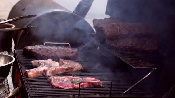 Raw Pork Chops Ribs Meat Steaks Grilling Stove Bbq Grill — Stok video