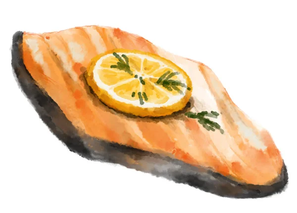 Watercolor Painting Steak Salmon Fillet Lemon Thyme Seafood Illustration Art — Stockfoto