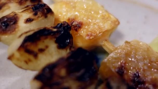 Japanese Yakitori Chicken Skewer Barbecue Green Onion Salt Lime Izakaya — Stockvideo