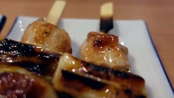 Japanese Yakitori Chicken Skewer Barbecue Green Onion Salt Lime Izakaya — Wideo stockowe