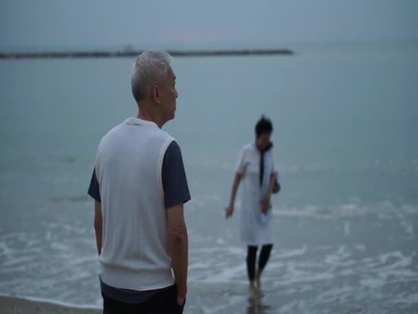 Azji Senior Para Relaks Gry Rano Morze Szczęśliwy Styl Życia — Wideo stockowe